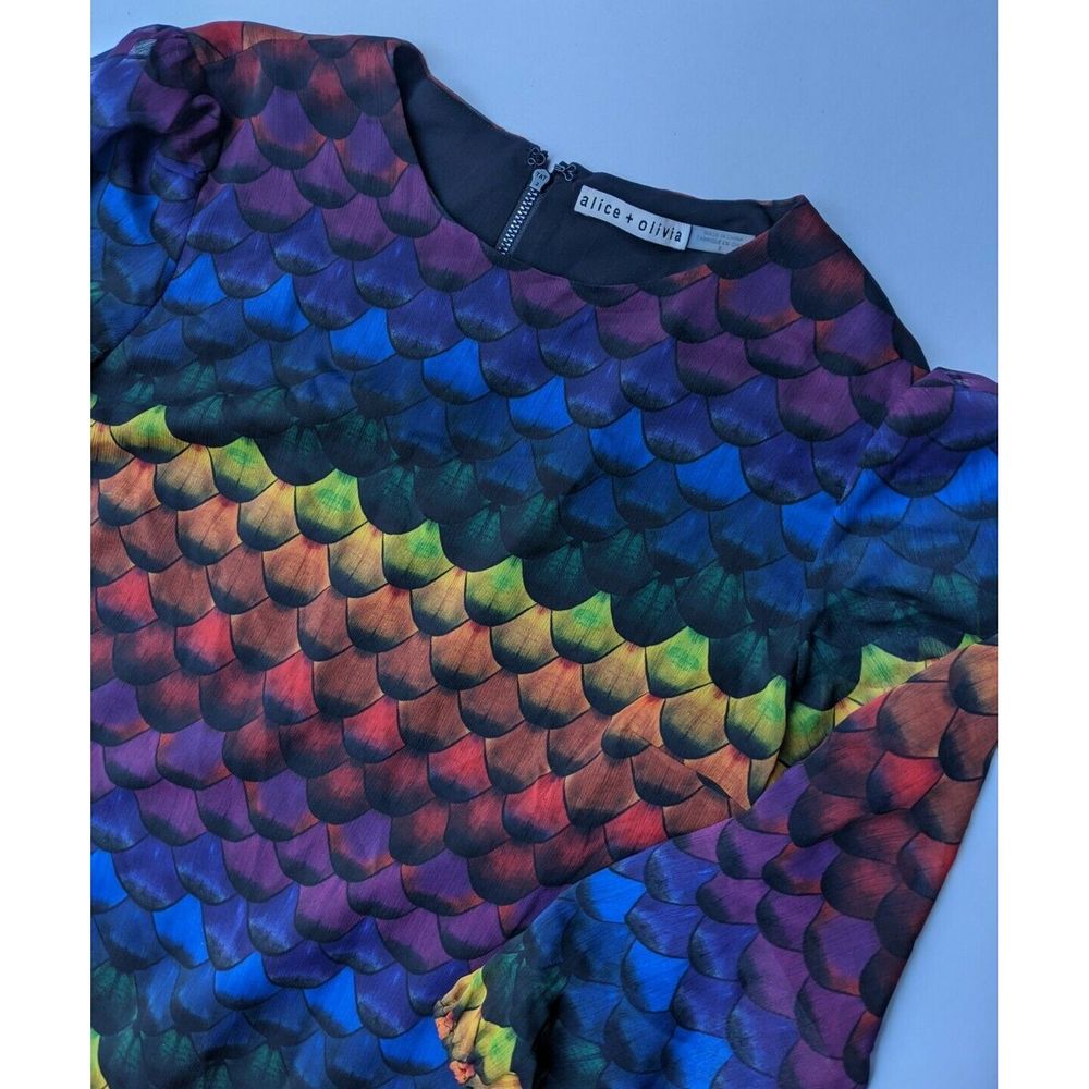 ALICE + OLIVIA Rainbow Feather Print MINA Dress 8 - Picture 3 of 5
